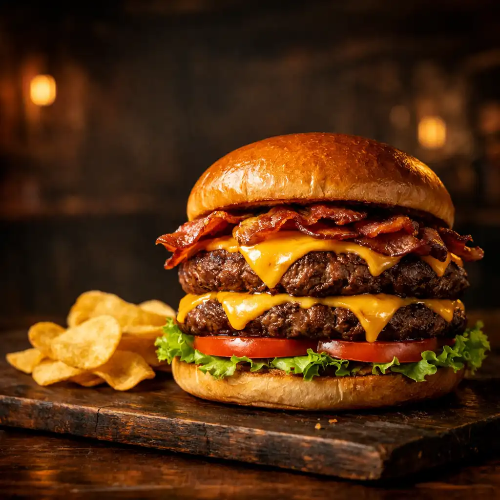 The Bundaberg Burger with double beef patty, bacon, cheese, lettuce, tomato and tavern sauce on a brioche bun