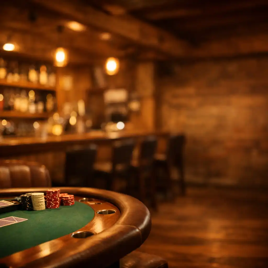 The card lounge at Poker Tavern Bundaberg, showing warm lighting and timber interior with a poker table in the foreground
