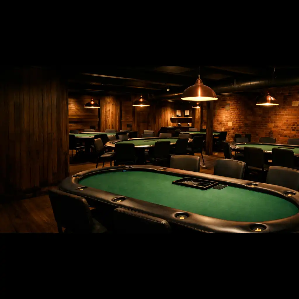 Interior of the Card Lounge at Poker Tavern Bundaberg, showing several full-size poker tables with green felt and padded rails under warm lighting.