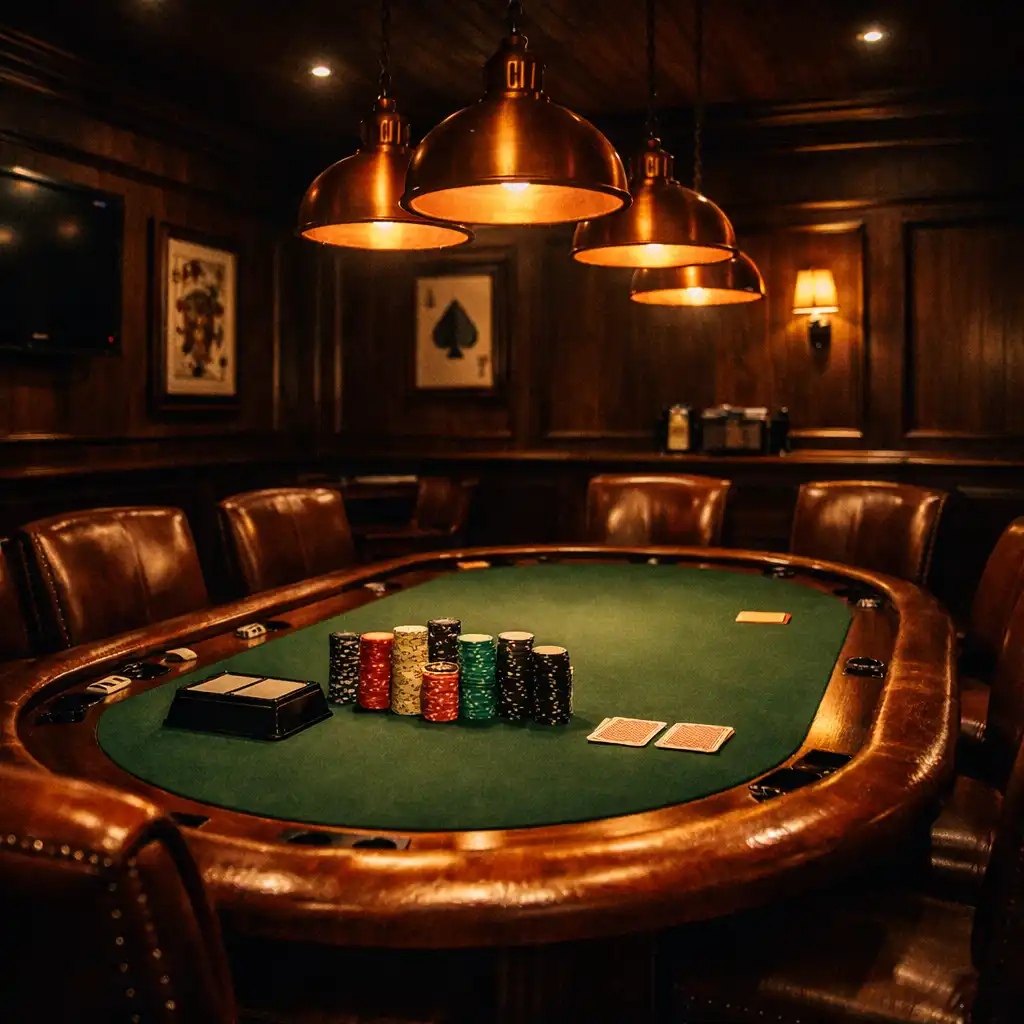 Interior of the dedicated Card Lounge with dark timber panelling, leather chairs and a central poker table