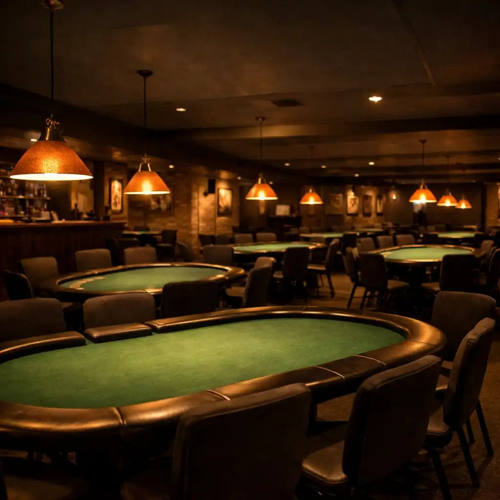Wide-angle view of the card lounge at Poker Tavern Bundaberg, showing multiple poker tables spaced apart under warm pendant lights