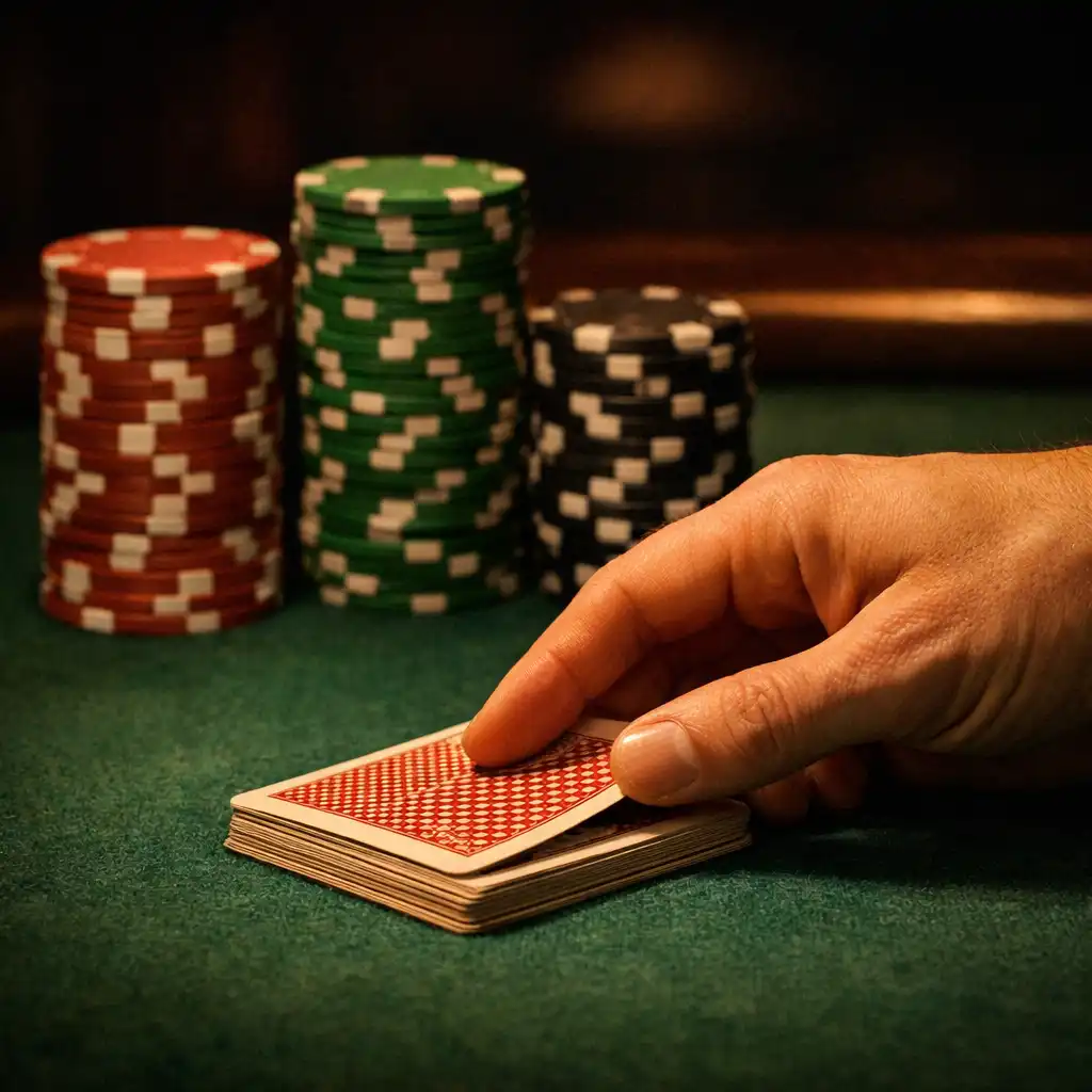 A hand dealing playing cards onto a poker table with clay chips stacked nearby