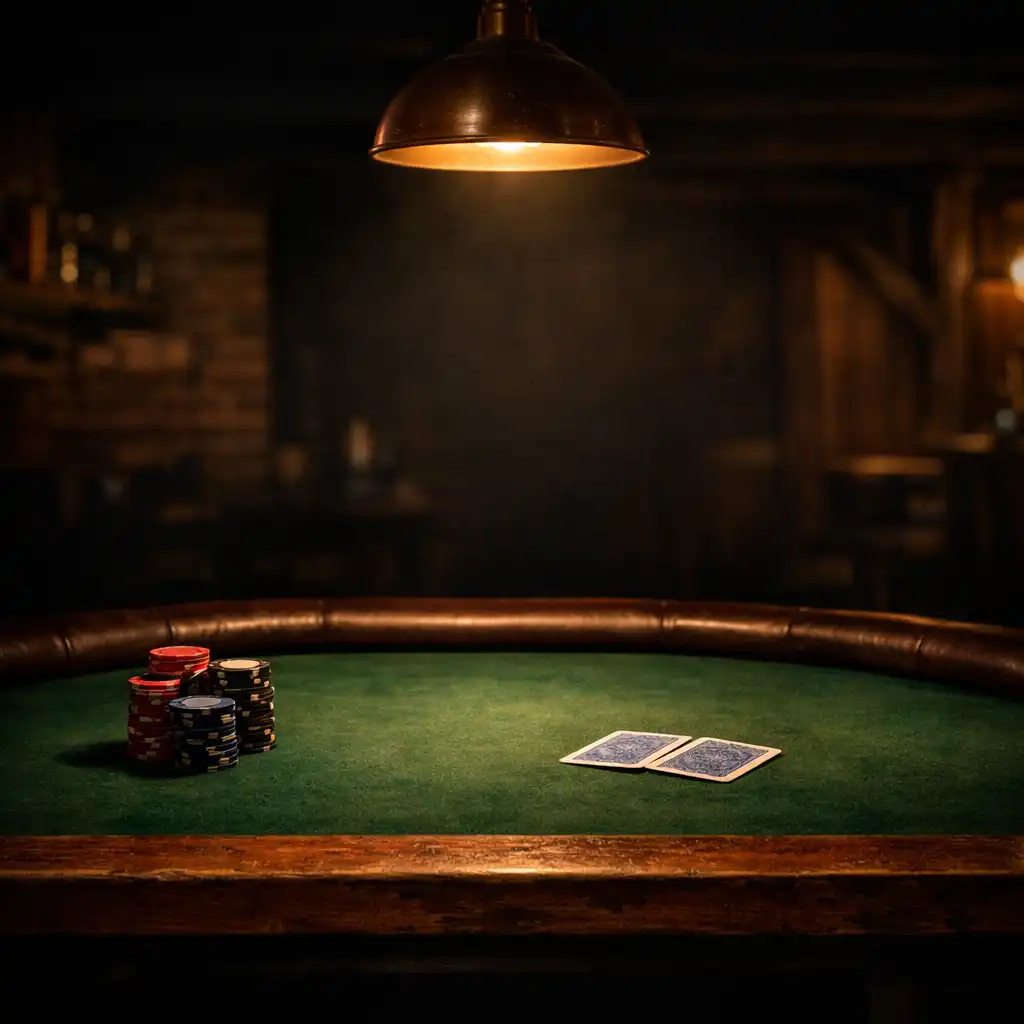 A physical poker table in a dimly lit Queensland tavern room, with green felt, leather rail, clay chips, and playing cards under warm copper light.