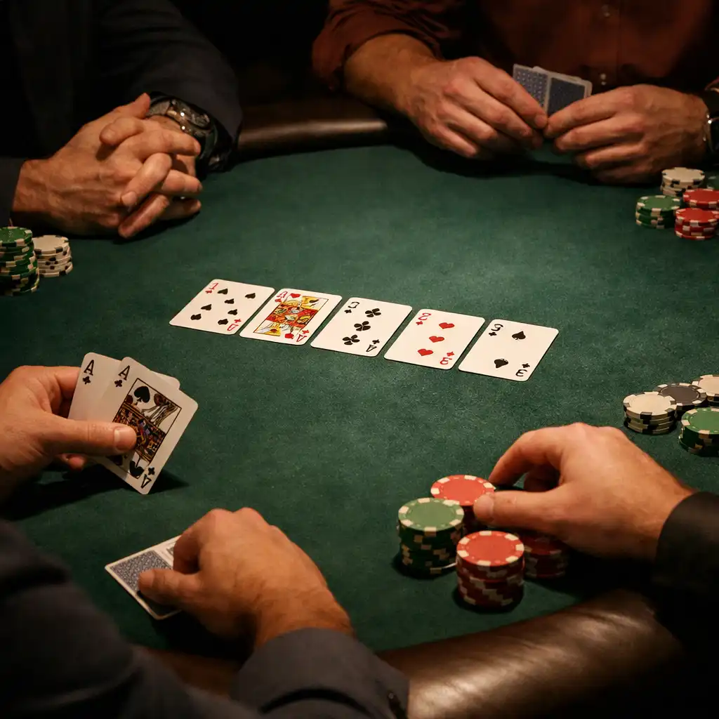 Four players seated at a poker table, engaged in a game, with focus on their hands and the cards