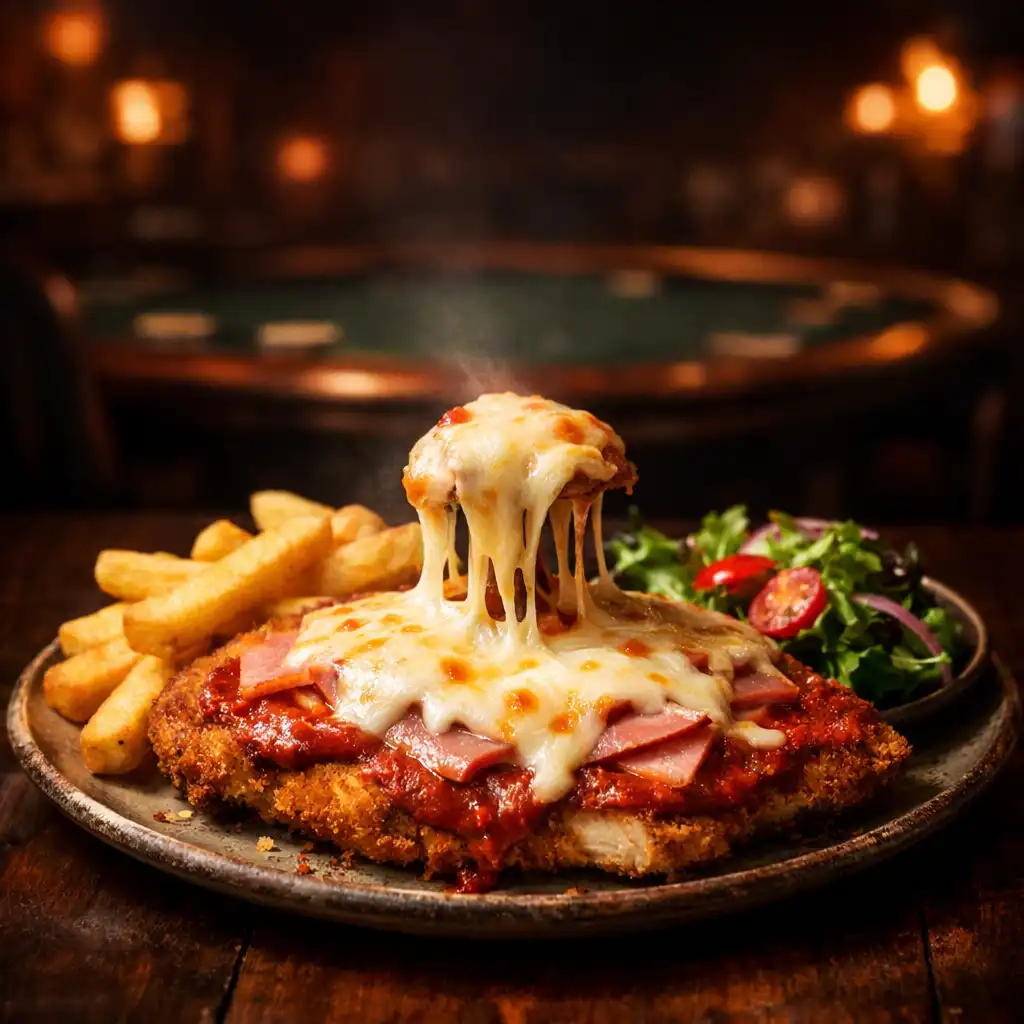 Poker Night Parmi with chicken schnitzel, ham, napoli sauce and melted mozzarella served with chips and salad