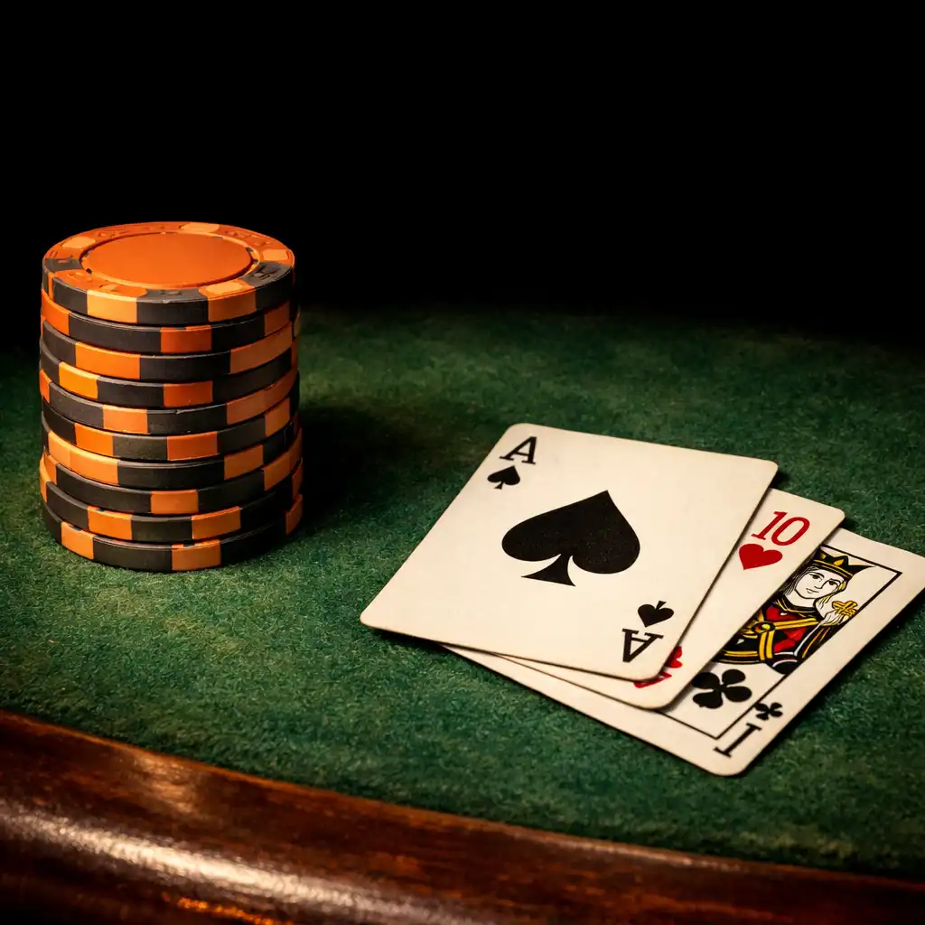 Close-up of a physical poker table surface showing green felt, a stack of clay poker chips, and playing cards under warm low light.