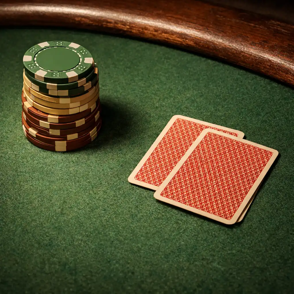 Close view of a poker table surface with green felt, wooden rail, clay chips, and playing cards.