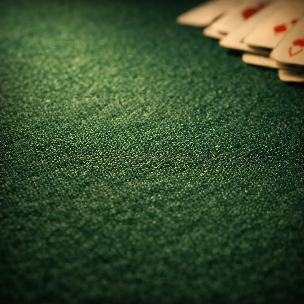 Macro view of the green felt surface of a poker table, showing the tight weave and a few playing cards at the edge