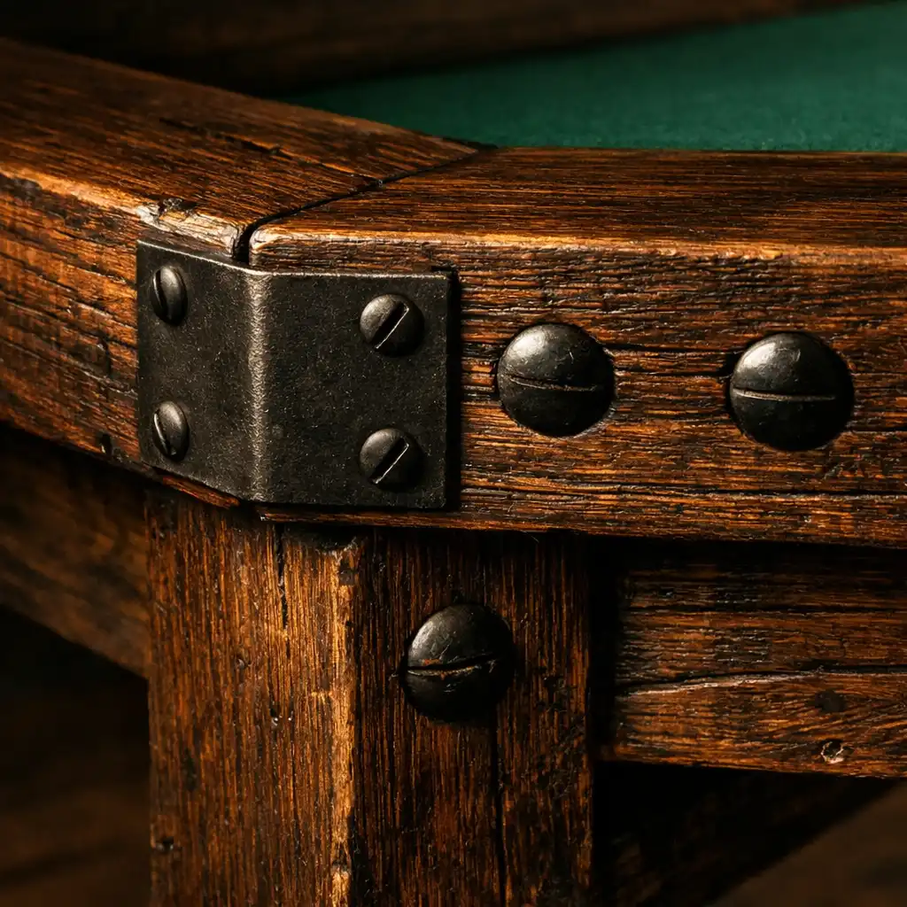 Close-up of the solid timber frame of a poker table, showing wood grain and joinery