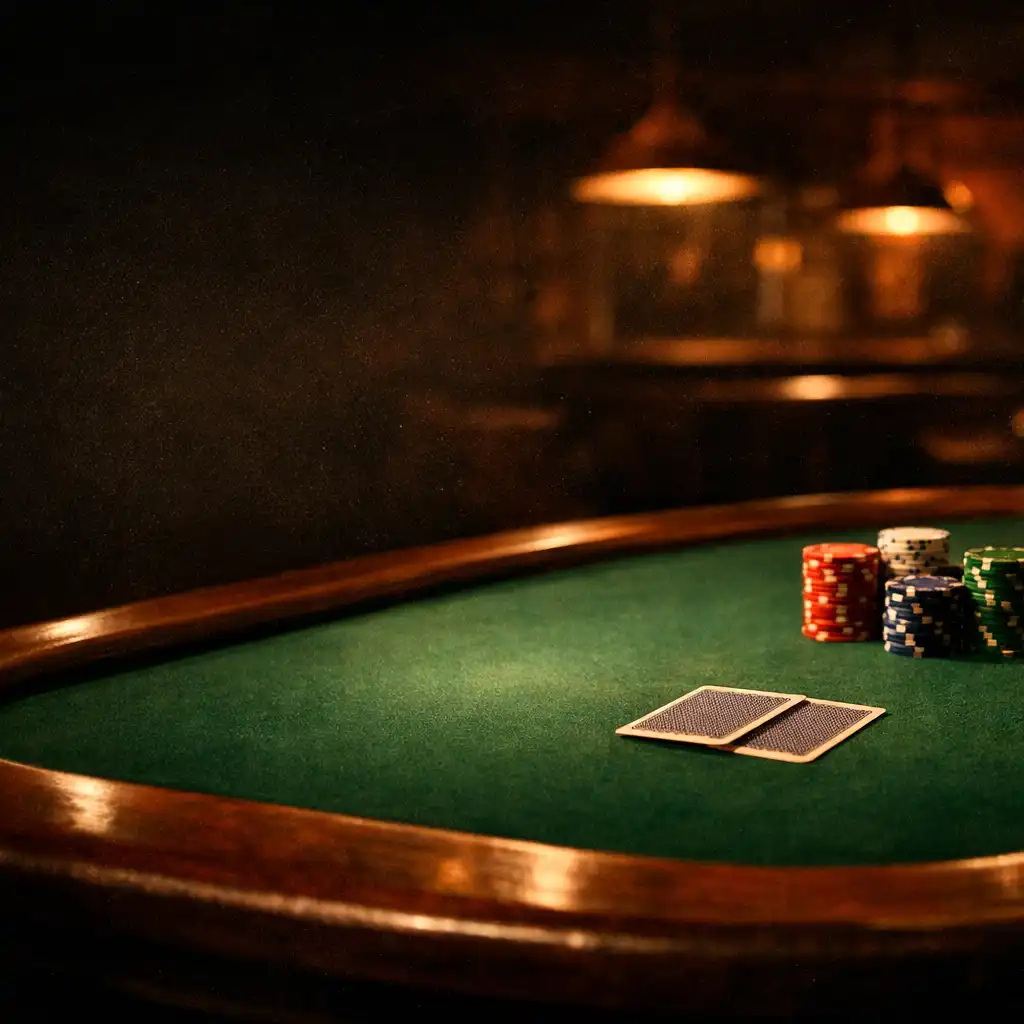 A physical poker table with green felt, wooden rail, chips and cards in a dimly lit Bundaberg tavern