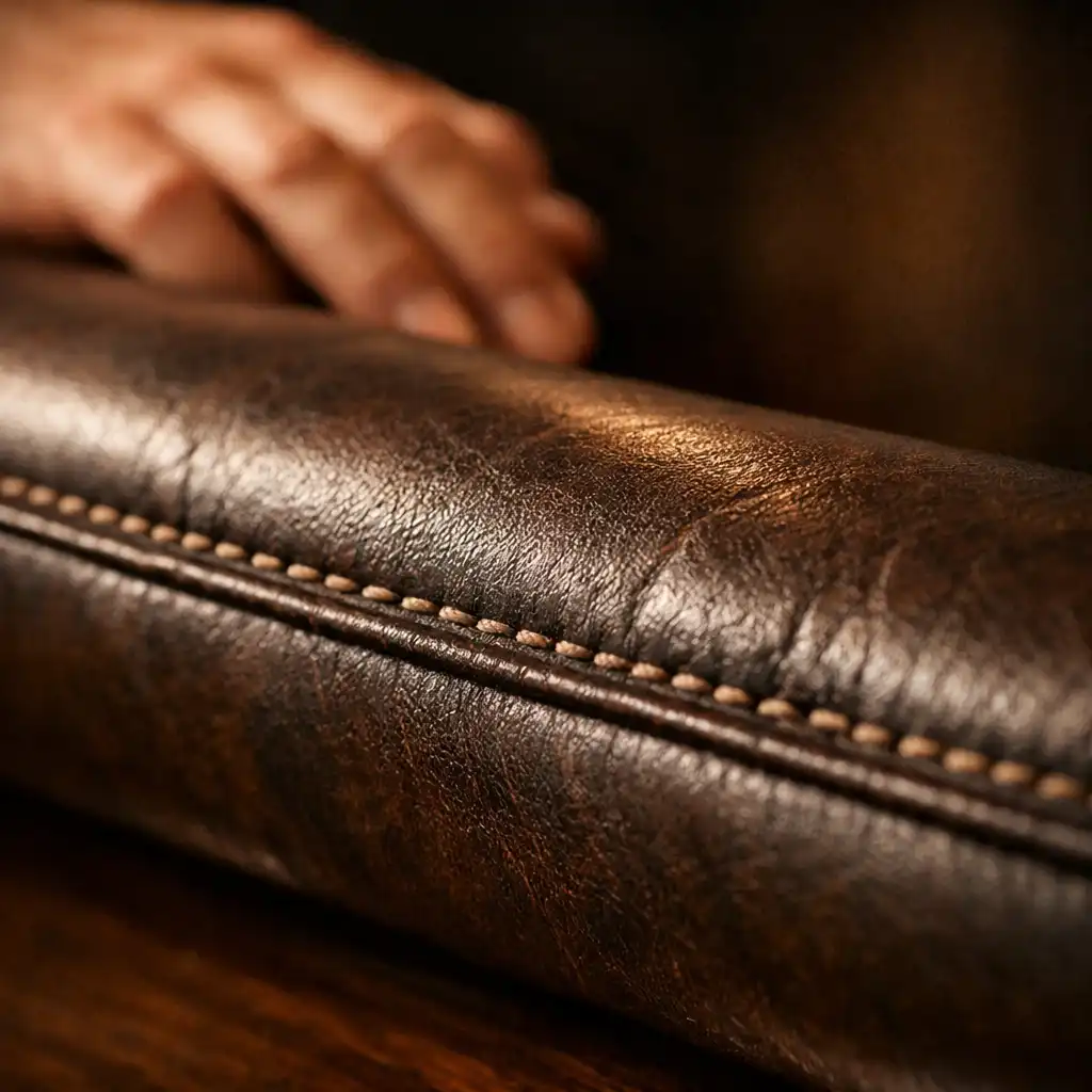 Close-up of the padded leather rail of a poker table, showing stitching and texture