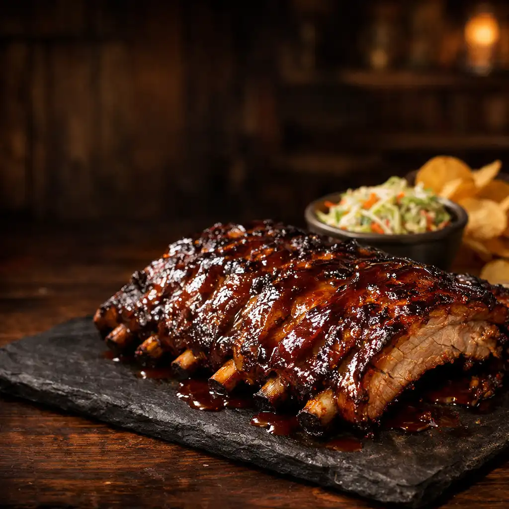 Quay Street Ribs with slow-cooked pork ribs in smoky BBQ glaze served with slaw and chips