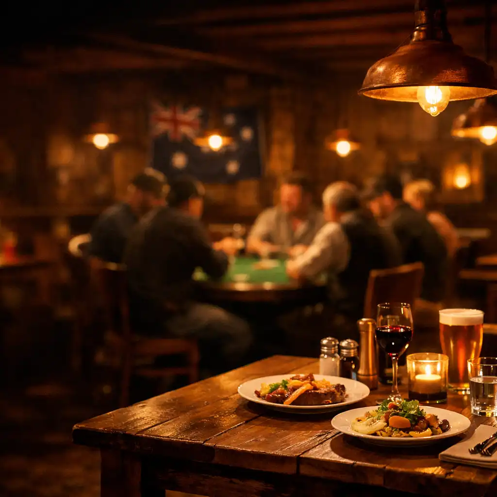 Warm restaurant dining area with wooden tables, brick walls and soft lighting