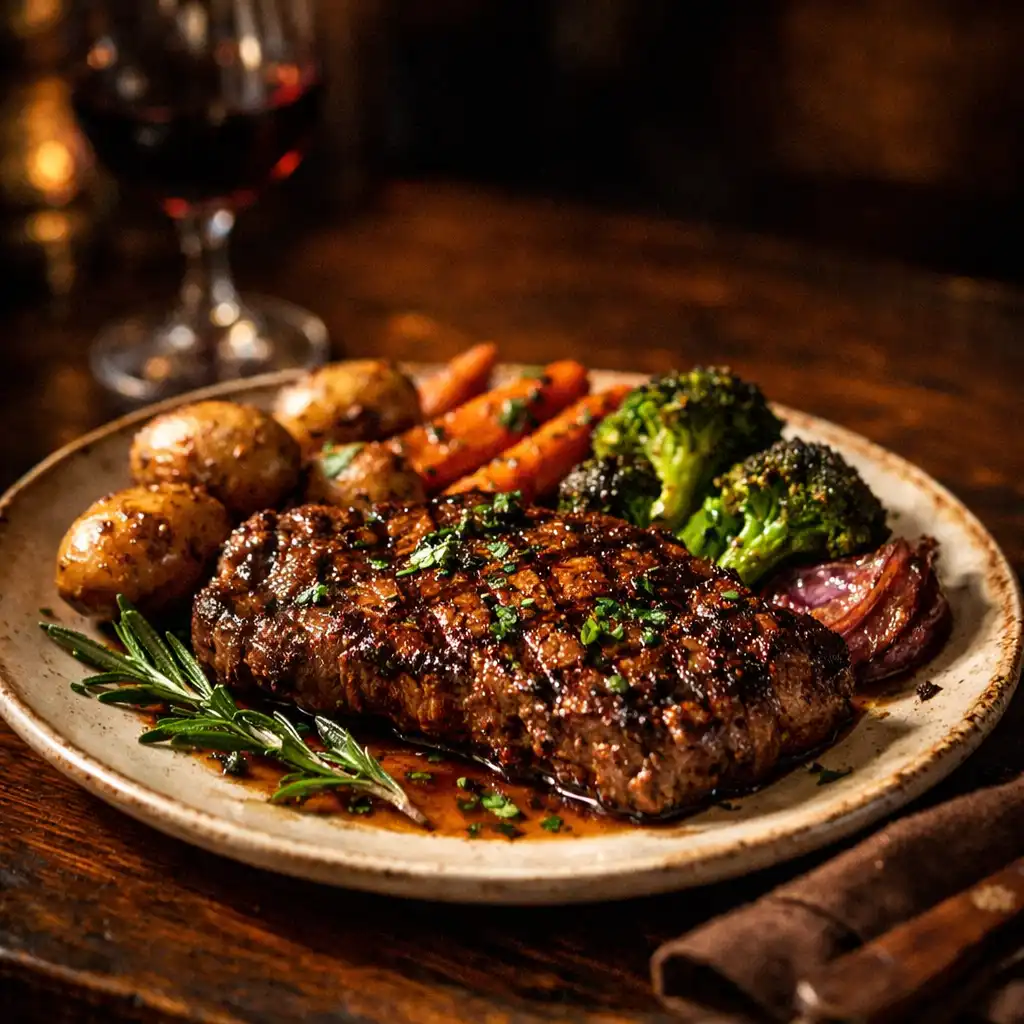 A plated steak with roasted vegetables on a dark wooden table in the tavern restaurant, lit by warm side lighting.