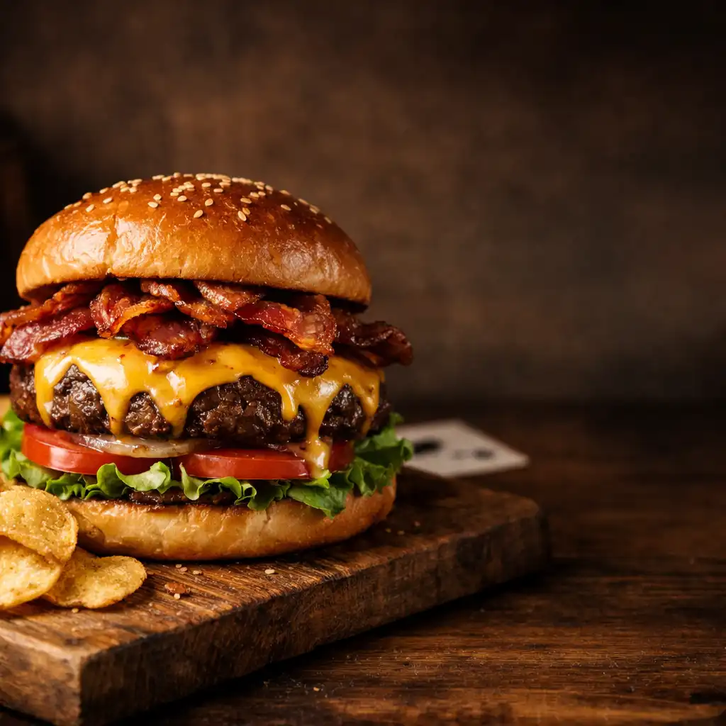 Rustic tavern burger with bacon, cheese, and chips on a wooden board