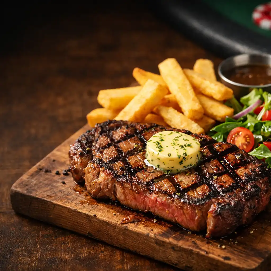 Grilled ribeye steak with chips and salad on a rustic wooden board