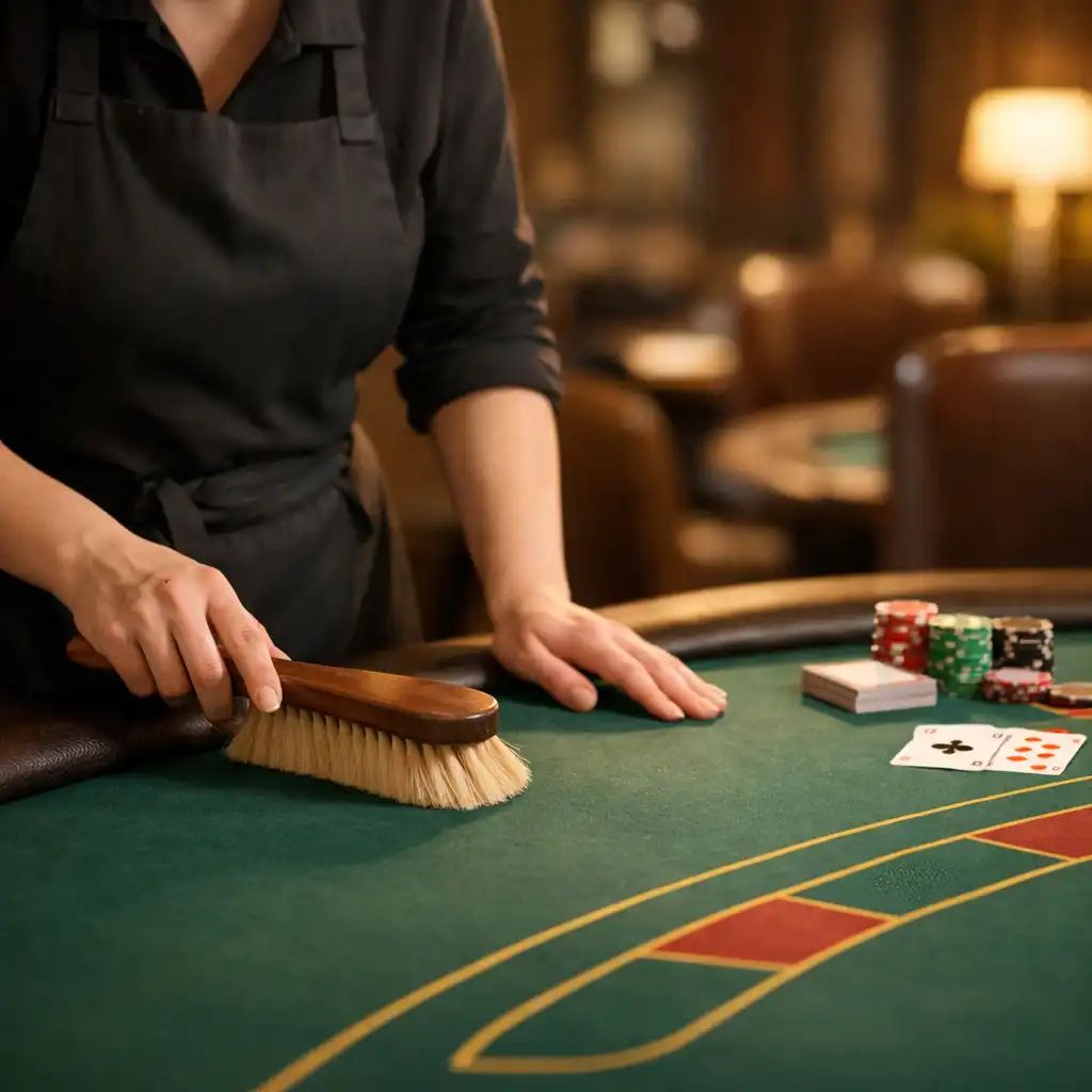 A staff member cleaning a poker table with a soft brush in the card lounge