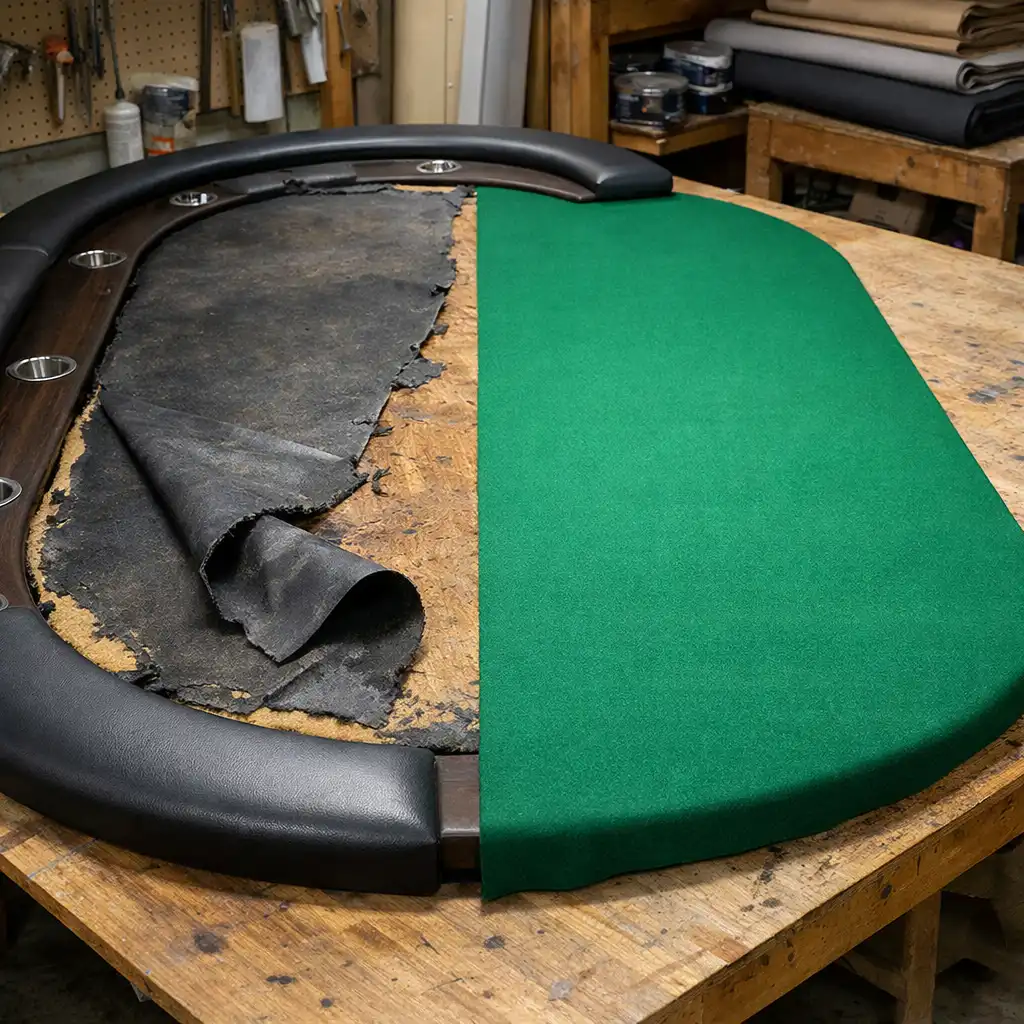 A poker table being refelted, with old felt partially removed and new felt laid out on a workbench
